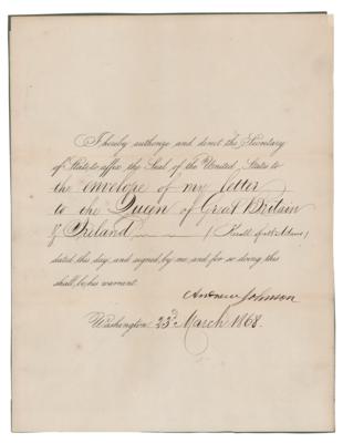 Lot #80 Andrew Johnson Document Signed as President, Writing to Queen Victoria on the Recall of Charles Francis Adams as the U.S. Envoy to the United Kingdom - Image 1