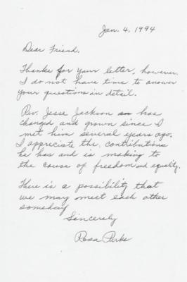 Lot #304 Rosa Parks Autograph Letter Signed on Rev. Jesse Jackson: "I appreciate the contributions he has and is making to the cause of freedom and equality" - Image 1