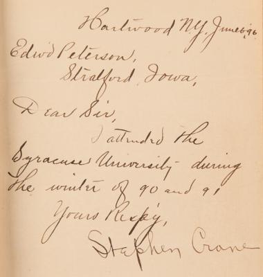 Lot #564 Stephen Crane Letter Signed in The Red Badge of Courage (Second Edition) - Image 2