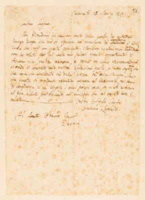 Lot #573 Giacomo Leopardi Autograph Letter Signed on Poetry, Sending His "Poor Verses" to a Cousin - Image 2