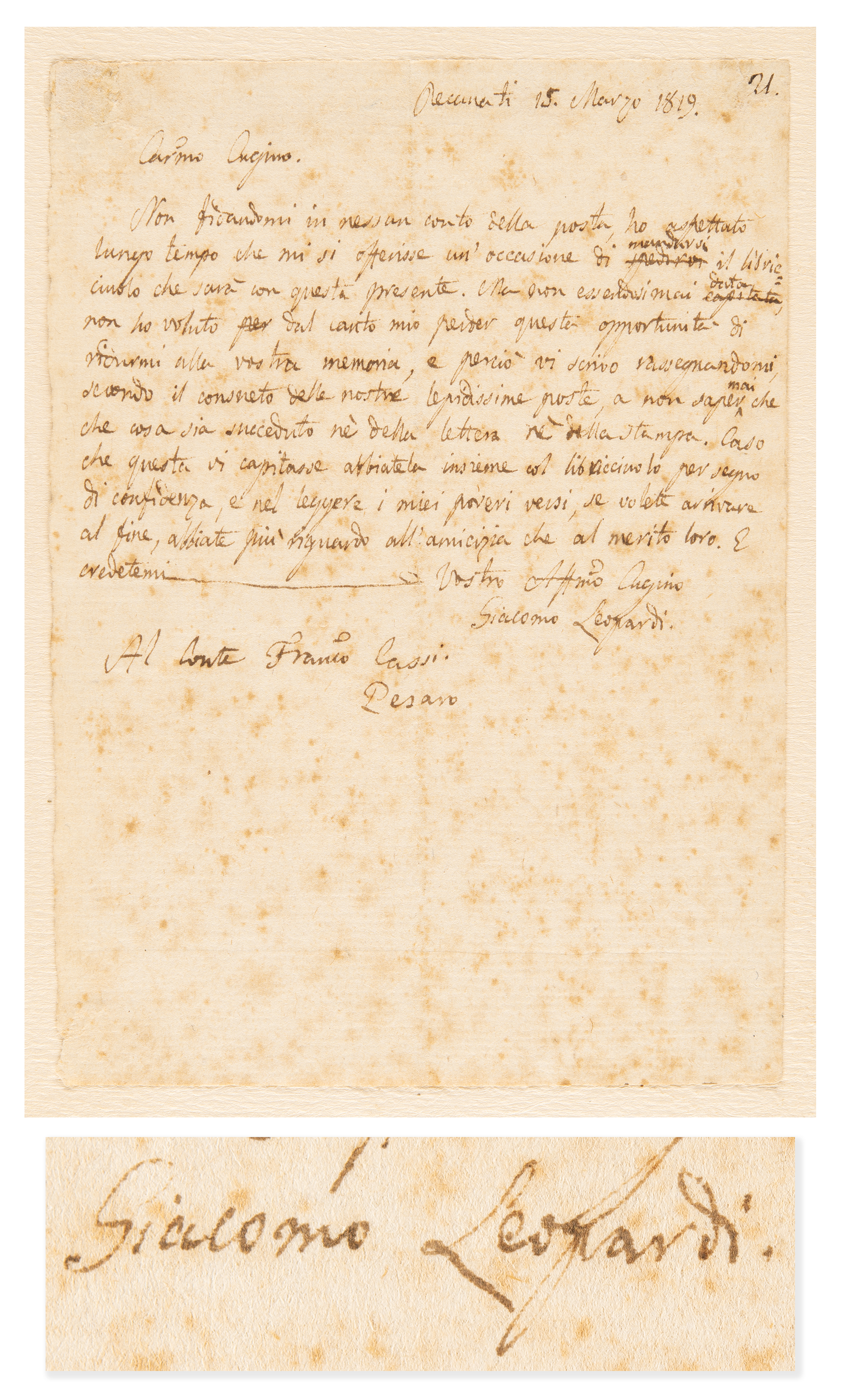 Lot #573 Giacomo Leopardi Autograph Letter Signed