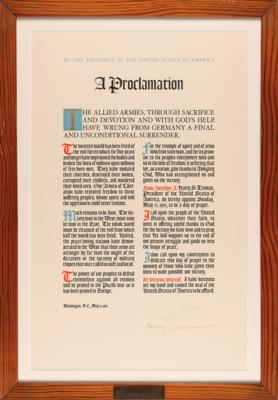 Lot #21 Harry S. Truman Signed 1945 WWII Victory Proclamation Broadside, in a White House Roof Timber Relic Frame - Image 1