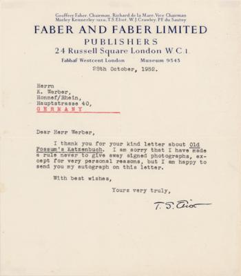 Lot #597 T. S. Eliot Typed Letter Signed - Image 1