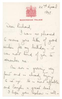 Lot #168 Queen Elizabeth II Autograph Letter Signed on Baby Charles - "He is most affable and laughs a great deal" - Image 1