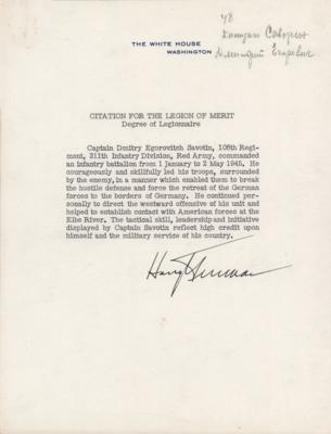 Lot #118 Harry S. Truman Document Signed as President, Awarding a Citation of Merit to a WWII Red Army Commander - Image 1