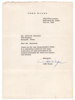 Lot #931 John Wayne Typed Letter Signed: "It is refreshing to find out how many Americans are still interested in the original principles for which our country was formed" - Image 1