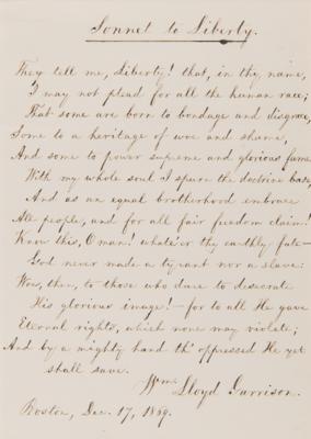 Lot #147 William Lloyd Garrison Autograph Letter Signed and "Sonnet to Liberty" Manuscript - "One of the Sonnets that I wrote during the Anti-Slavery struggle" - Image 3