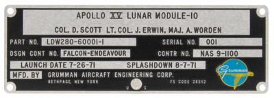 Lot #6317 Apollo 15 Flown Lunar Module Grumman Identification Plate - Image 1