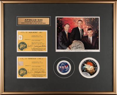 Lot #6245 Apollo 13 Crew-Signed Flown CM and LM Swatch and Photo Display - Image 1