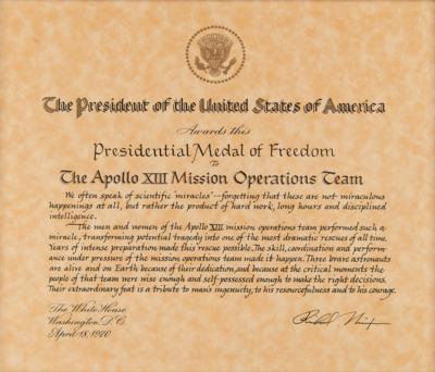 Lot #6249 Apollo 13 Presidential Medal of Freedom Award Certificate - From the Personal Collection of Edgar Mitchell - Image 1