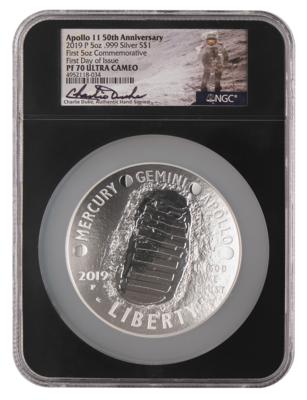 Lot #6166 Charlie Duke Signed 5oz Silver Apollo 11 50th Anniversary $1 Coin - NGC PF 70 Ultra Cameo - Image 1