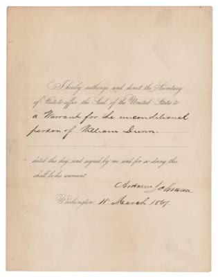 Lot #102 Andrew Johnson Document Signed as President, Pardoning a Counterfeiter - Image 1