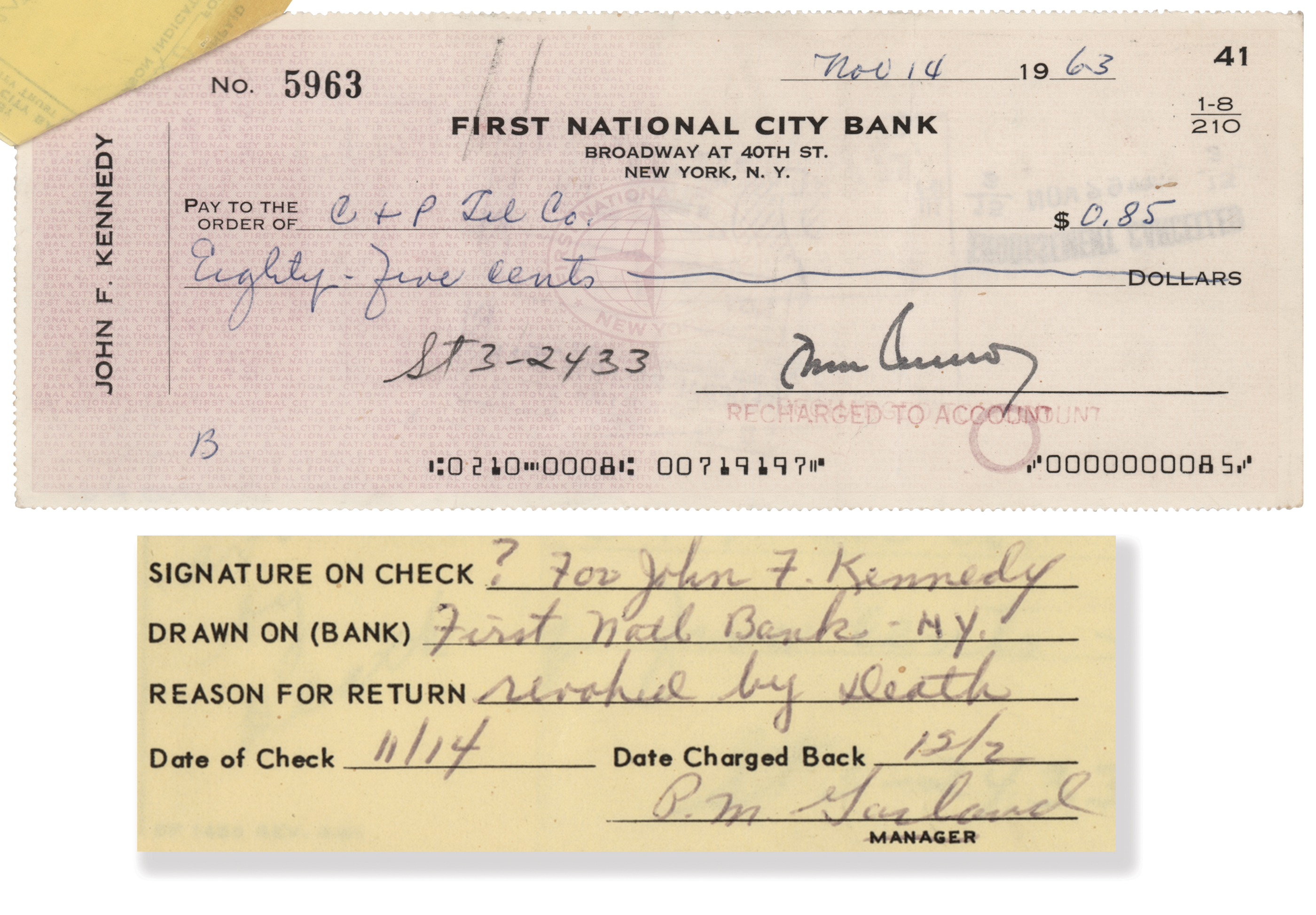 Lot #35 John F. Kennedy Bounced Assassination Check (November 14, 1963) - "Revoked by Death" - Image 1