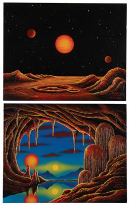 Lot #378 Morris Scott Dollens (2) Original Paintings: 'Cave on World Near Binary Suns' and 'World Near a Red Dwarf Sun' - Image 1