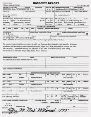 Lot #265 Kennedy Assassination: Maurice 'Nick' McDonald Signed Homicide Report - Image 1