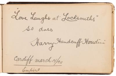 Lot #570 Harry Houdini Signed Autograph Book - “‘Love Laughs at Locksmiths,’ so does Harry Handcuff Houdini" - Image 2