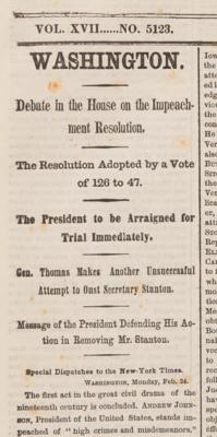 Lot #103 Andrew Johnson Impeachment: The New York Times from February 25, 1868 - Image 2