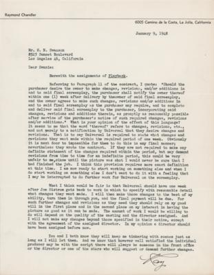 Lot #502 Raymond Chandler Typed Letter Signed on an Adaptation of Playback - Image 1