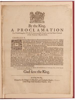 Lot #156 King Charles II: Broadside Proclaiming the 1674 Treaty of Westminster, Which Returned New York to Great Britain - Image 1