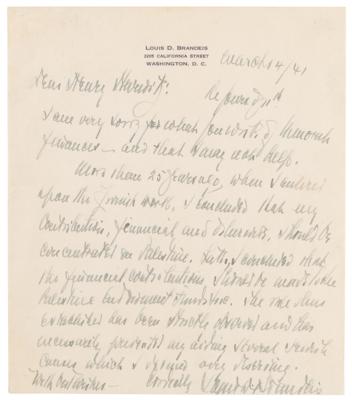 Lot #163 Louis Brandeis Autograph Letter Signed on Zionist Activities: "When I entered upon the Jewish work, I concluded that my contributions, financial and otherwise, should be concentrated on Palestine" - Image 1