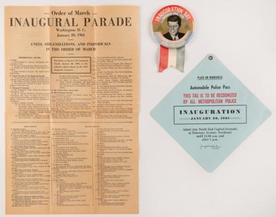 Lot #111 John F. Kennedy Inauguration Ephemera: Automobile Pass, Button, and Inaugural Parade Order of March - Image 1