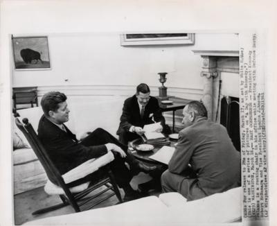 Lot #119 John F. Kennedy, Lyndon B. Johnson, and Robert McNamara 1961 Original Wirephoto - Image 1