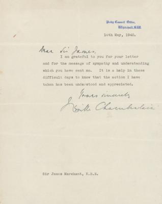 Lot #167 Neville Chamberlain World War II–Dated Typed Letter Signed on "Difficult Days" - Image 1