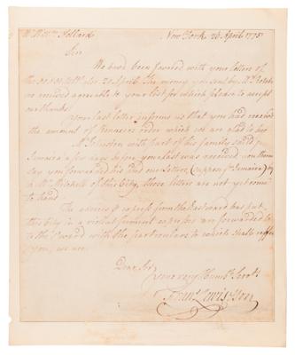 Lot #149 Francis Lewis Autograph Letter Signed on NYC's Reaction to the Battles of Lexington and Concord: "This City in a violent ferment" (April 26, 1775) - Image 1