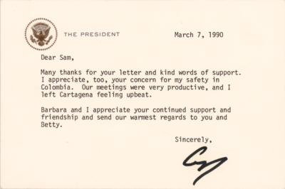 Lot #80 George Bush Typed Letter Signed as President: "I appreciate, too, your concern for my safety in Colombia" - Image 1