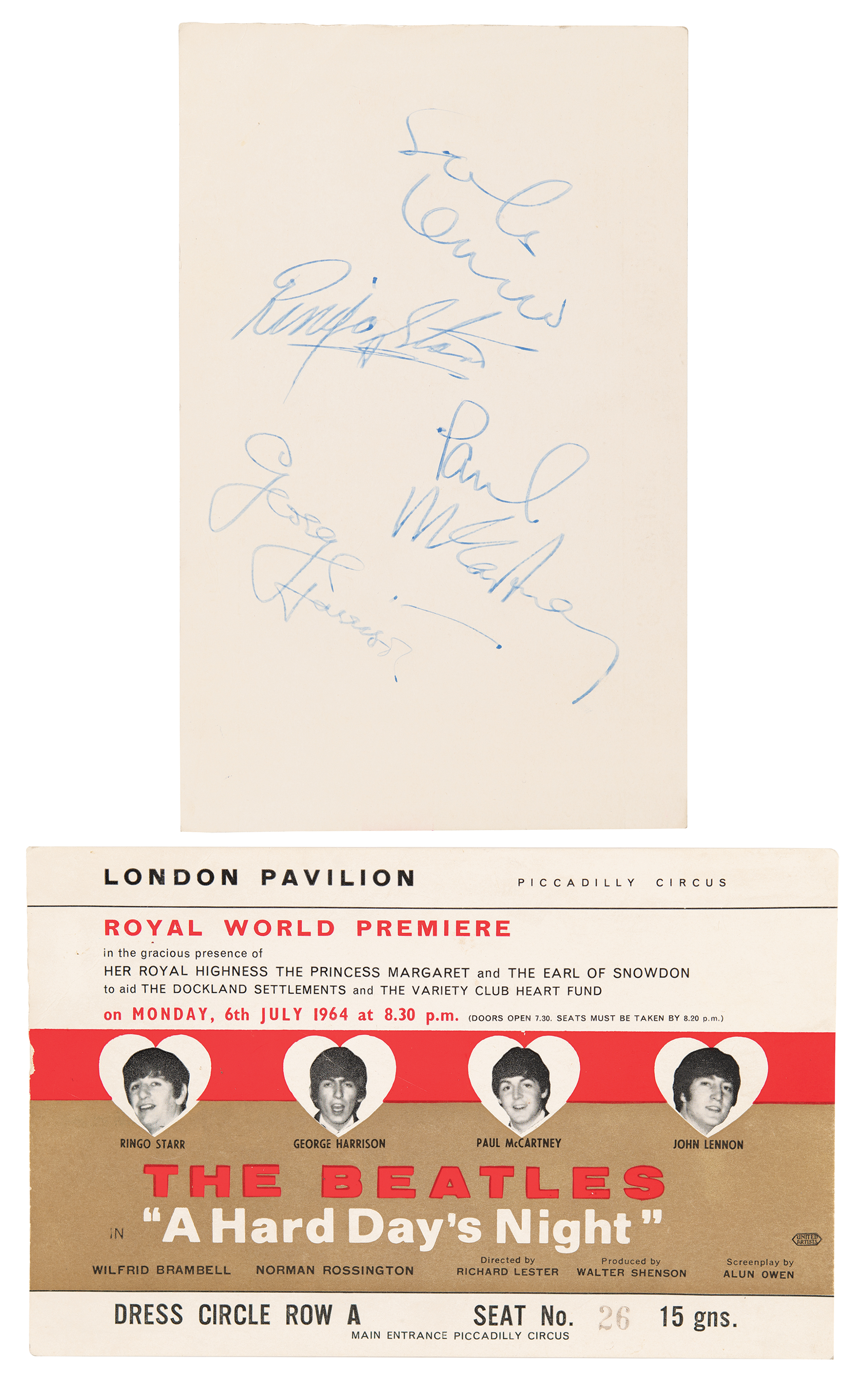 Lot #7003. Beatles Signed 'A Hard Day's Night' Royal World Premiere Ticket - The Only Known Band-Signed Example