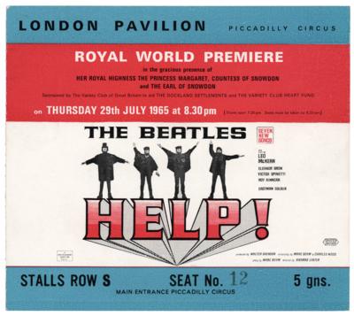 Lot #7045. Beatles Help! 1965 'Royal World Premiere' Movie Ticket