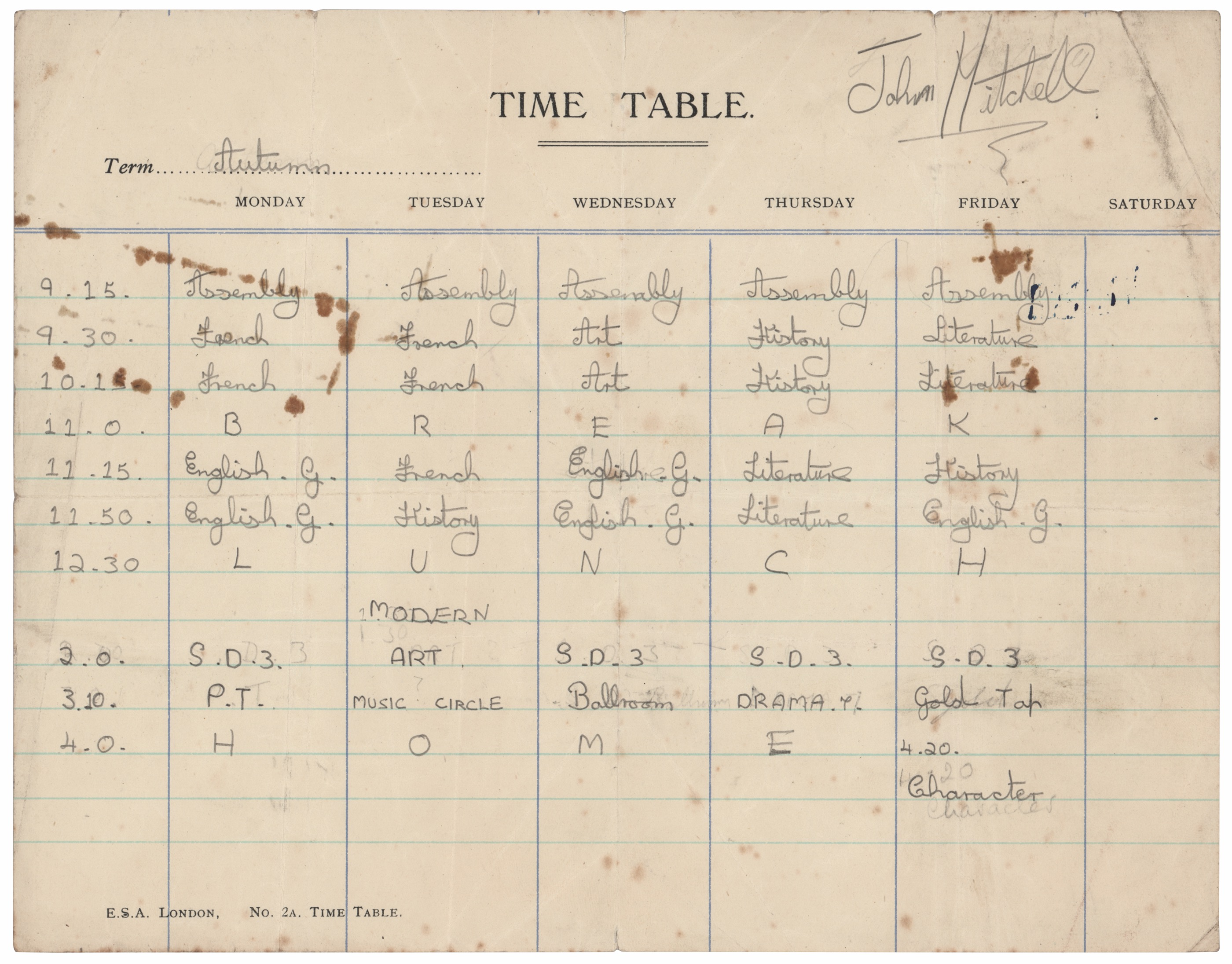 Lot #7121 Mitch Mitchell Filled Out and Signed 1950s School Class Schedule - Image 1