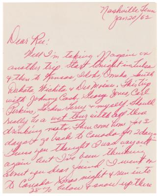 Lot #7214 Patsy Cline Autograph Letter Signed on Her New Record and Touring with Johnny Cash, George Jones, Carl Perkins: "Should really be a wet tour with all these drinking nuts" - Image 1