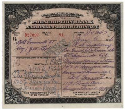 Lot #267 Prohibition: 1926 Liquor Prescription for