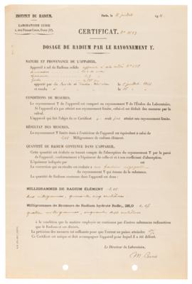 Lot #143 Marie Curie Document Signed - Certificate