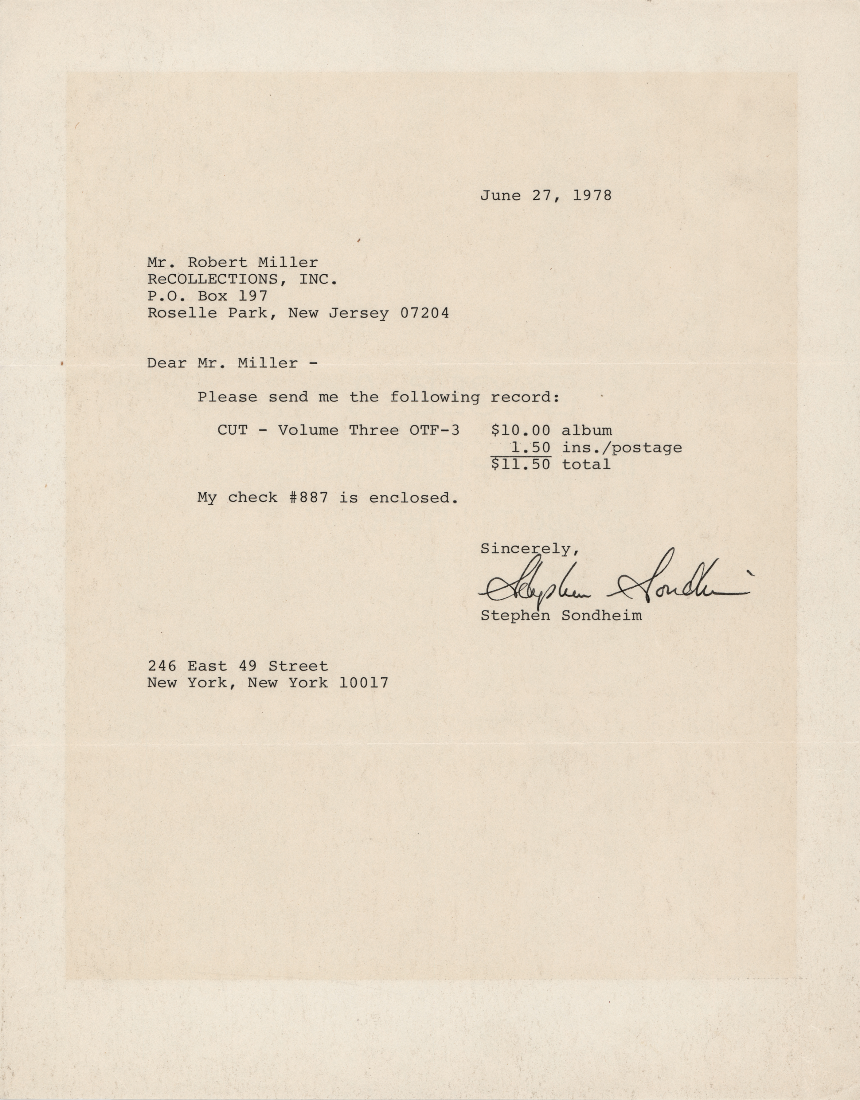 Lot #502 Stephen Sondheim Typed Letter Signed - Image 1