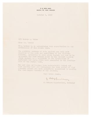 Lot #160 Robert Oppenheimer Typed Letter Signed to a Manhattan Project Employee "essential to the development of the atomic bomb" - Image 1