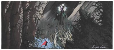 Lot #807. Eyvind Earle concept painting of Prince Phillip and Maleficent from Sleeping Beauty