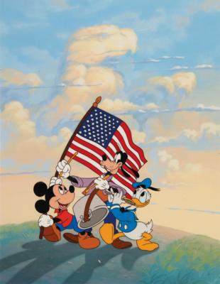 Lot #869 Mickey Mouse, Donald Duck, and Goofy production color model for the Spirit of America sericel - Image 1