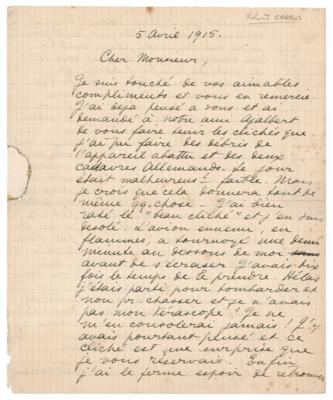 Lot #319 Roland Garros Autograph Letter Signed on His First Aerial Victory in World War I: "The enemy plane, in flames, circled for half a minute below me before crashing" - Image 2