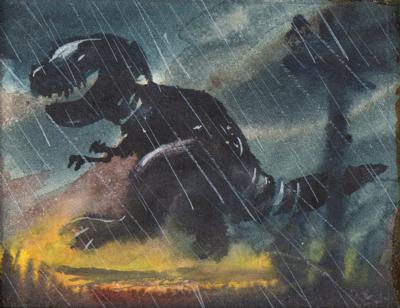 Lot #765 Tyrannosaurus and Stegosaurus battle sequence (45) production storyboard paintings from Fantasia - Image 6