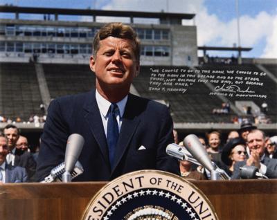 Lot #382 Charlie Duke Signed Photograph with JFK Quote: "We choose to go to the moon" - Image 1