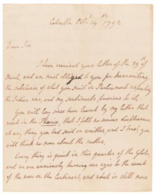 Lot #291 Charles Cornwallis Writes from Calcutta,