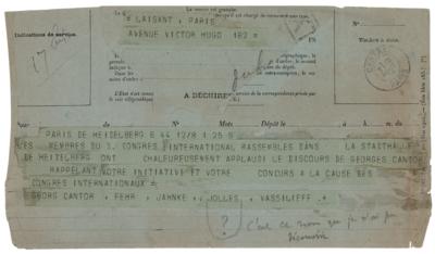 Lot #200 [Georg Cantor]: Telegram on Cantor's Speech Before the International Congress of Mathematicians - Image 1