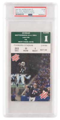 Lot #1276 Tom Brady: Patriots vs. Jets NFL Ticket Stub (September 23, 2001) - Bledsoe Injured/Brady Plays - PSA VG 3 - Image 1