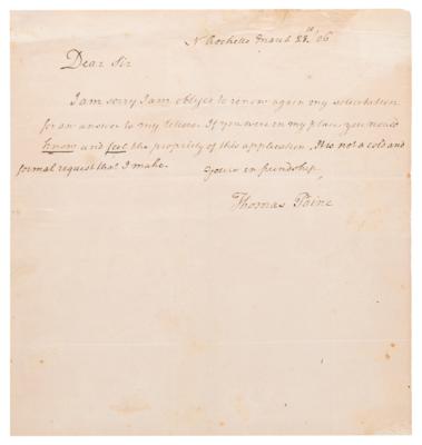 Lot #4005 Thomas Paine Autograph Letter Signed -
