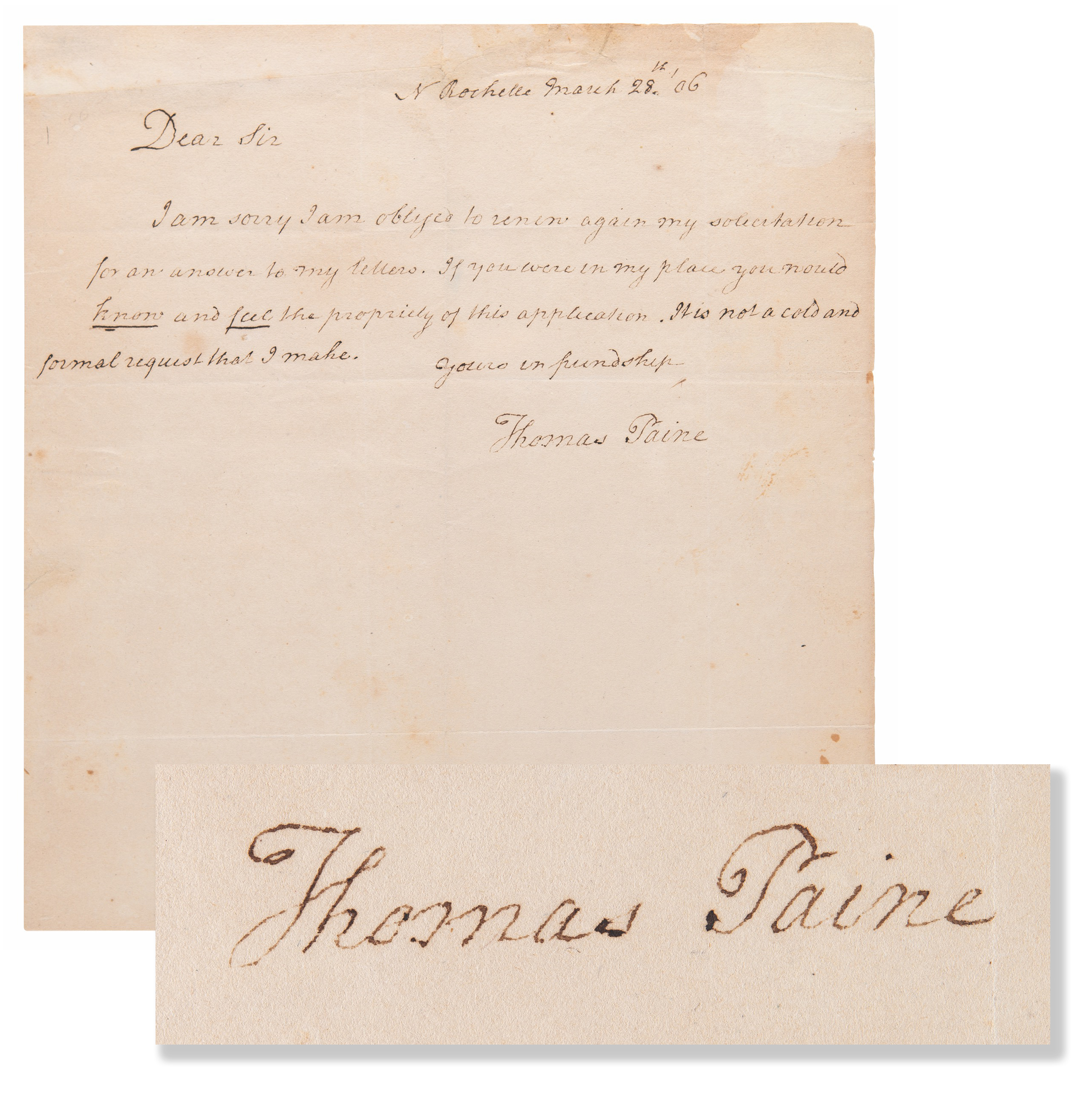 Lot #4005 Thomas Paine Autograph Letter Signed - Likely to President Jefferson - Image 1