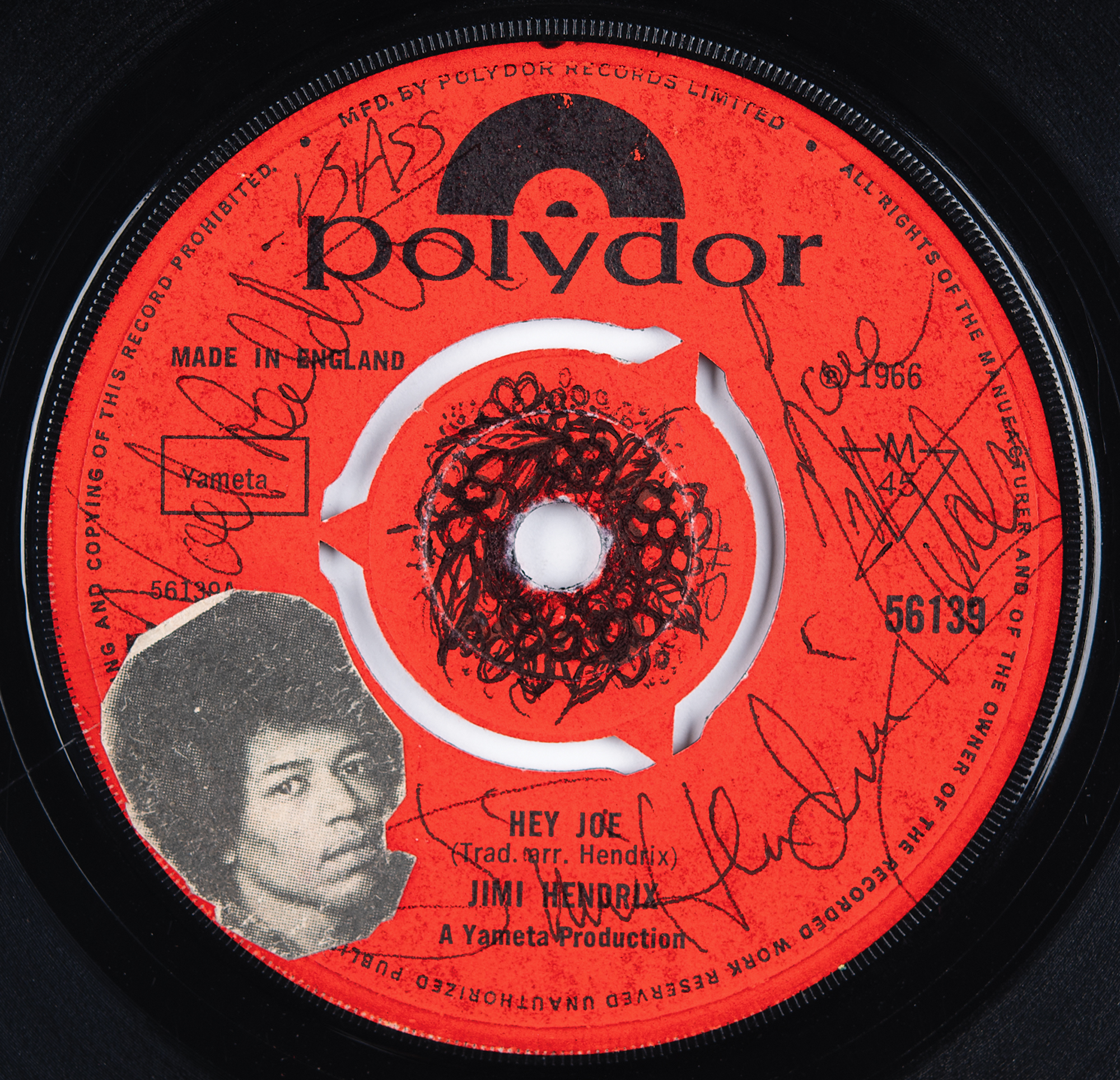 Jimi Hendrix Experience Rare Signed 45 RPM Single - 'Hey Joe