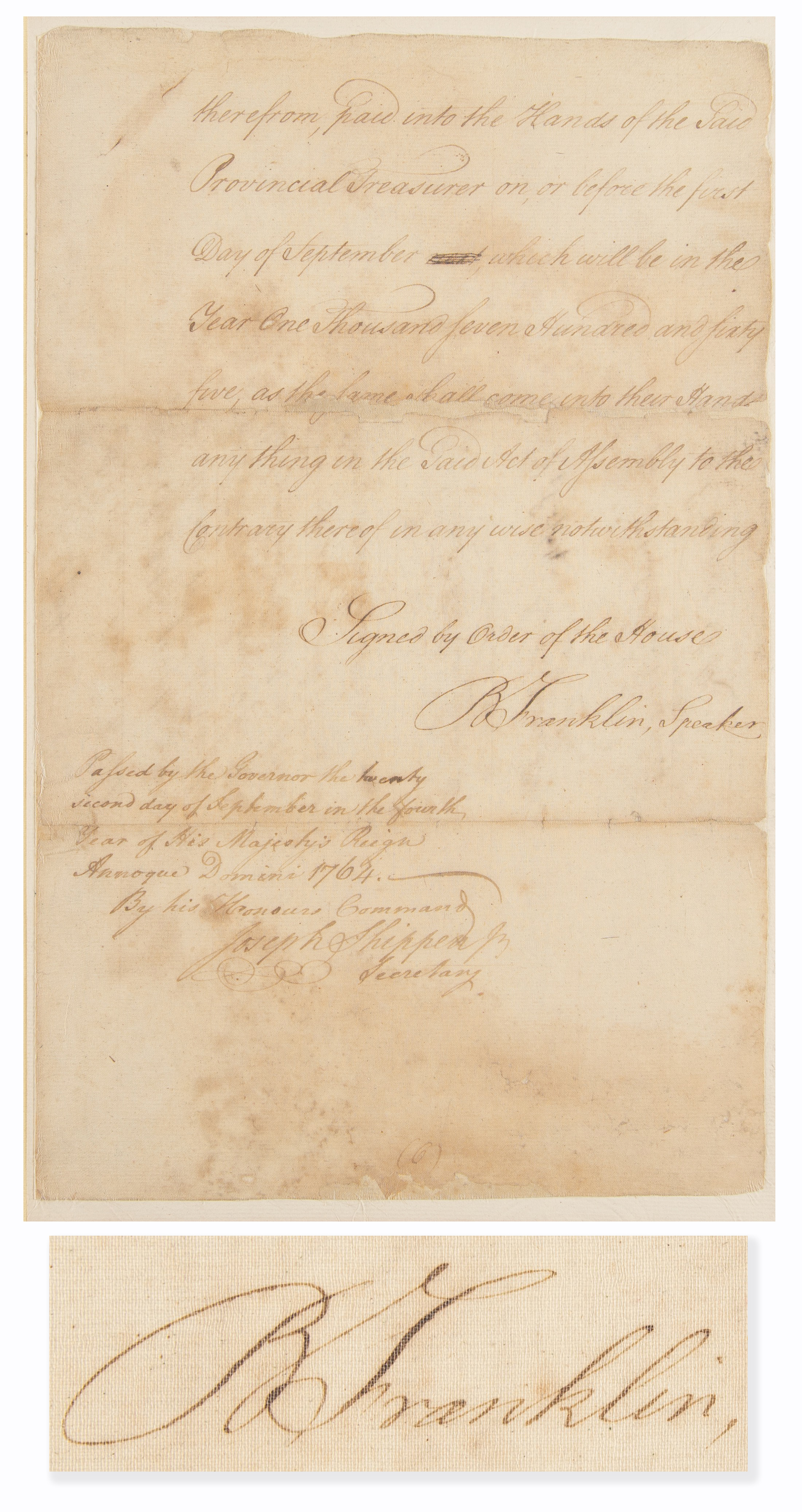 Lot #117 Benjamin Franklin Document Signed (1764)