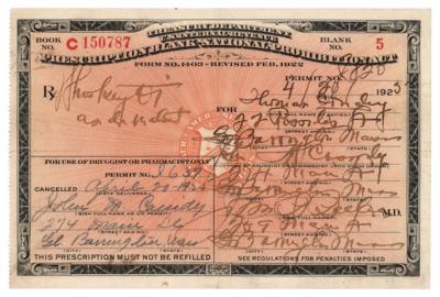 Lot #216 Prohibition: 1925 Liquor Prescription for